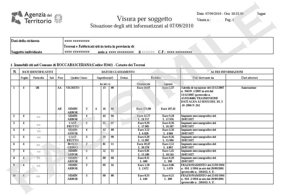 Visura Catastale su persona - Agenzia del territorio